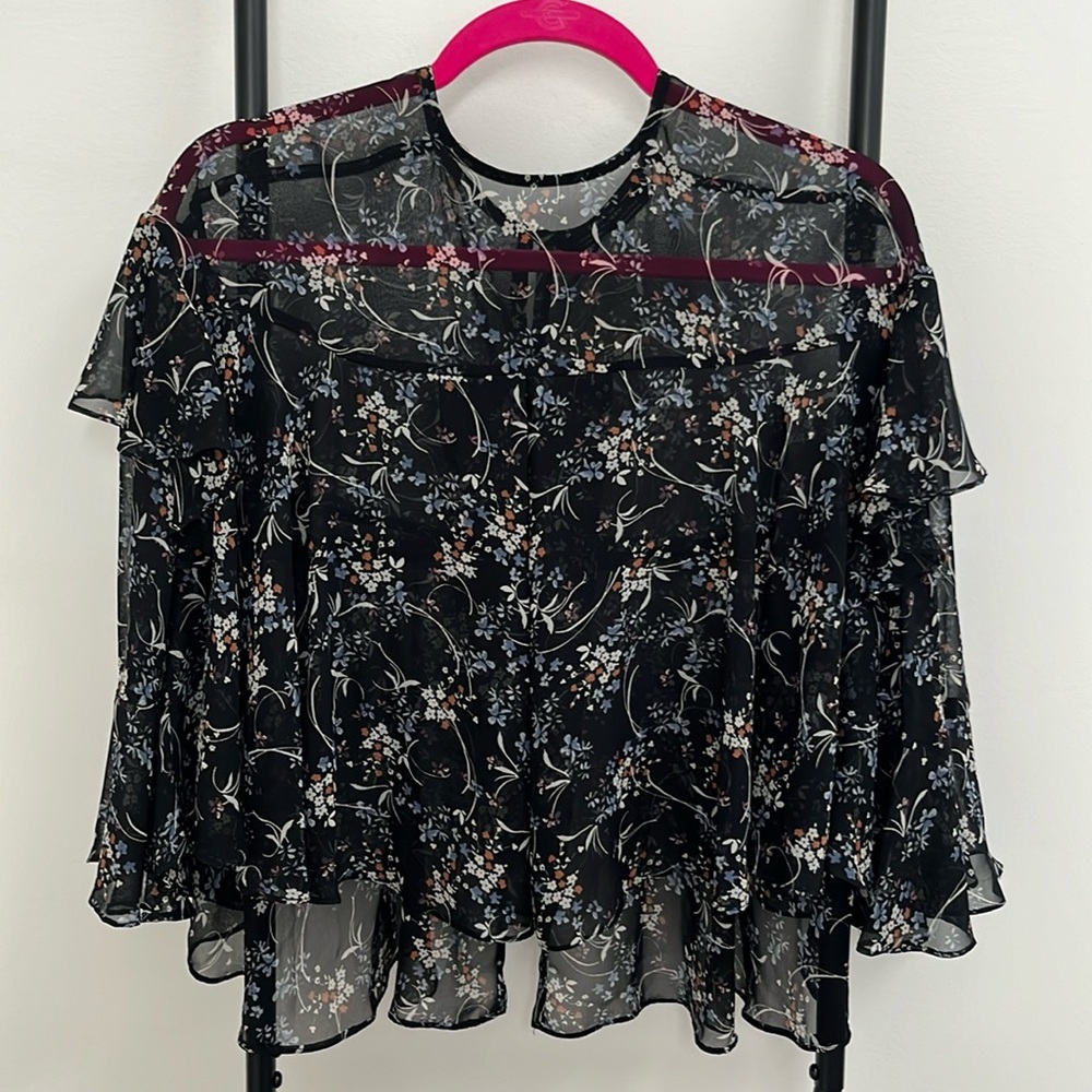 Zara Floral Blouse Women Size S Black Sheer Ruffle Bell Sleeve Silky Top